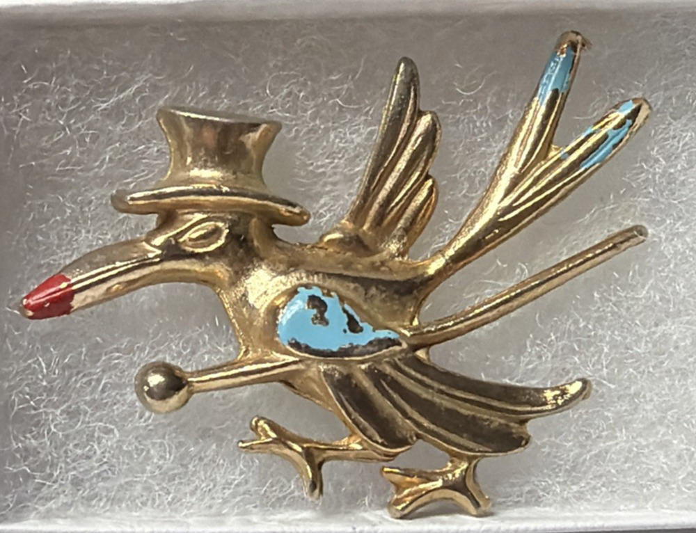 Vintage Roadrunner Natty Bird Pin Brooch Stork Gold Tone Enamel Top Hat Cane